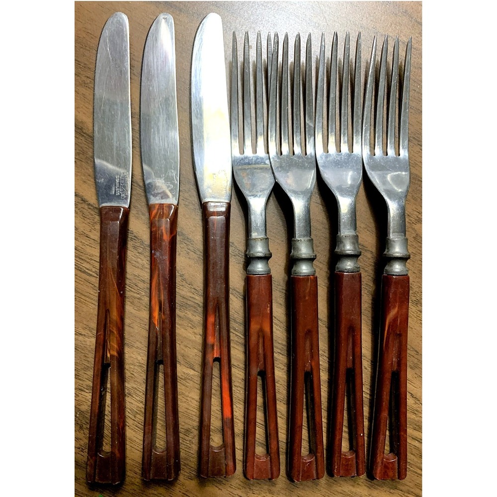 Stanhome Stainless Steel Knife Fork Flatware w/ Marbled Handles MCM Vintage 7pcs